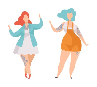 Pelüş Vücut Vektörlü Dövmeli ya da Mürekkepli Kadın. Genç Kadın Cildinde Kalıcı Pigment Var