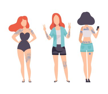 Tattooed or Inked Woman in Standing Pose with Slim Body Vector Set. Young Female Having Permanent Pigment on Her Skin clipart