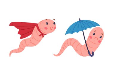 Uzun Tüp Vücut Vektörlü Komik Pembe Solucan Karakteri. Tatlı Sürünen Hayvan