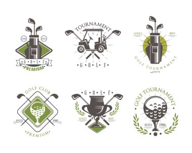 Golf Kulübü Turnuvası ve Rekabet Logosu veya Etiket Tasarım Vektör Seti. Spor Oyunu Amblemi