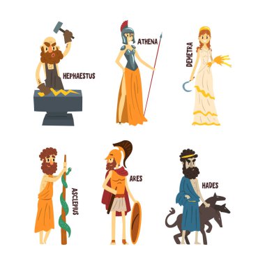 Antik Yunan Tanrıları ve Olympia Vektör Kümesi Mitolojik Tanrıları. Yunanistan Efsanesi ve Mitolojisinden Antik Karakterler