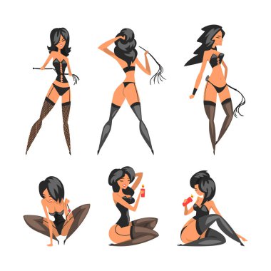 Güzel BDSM Sahibesi... Latex Elbiseli, Whip Vector Set 'li Güzel Esmer Kadın. Siyah iç çamaşırlı ve çoraplı seksi kadın egemenlik oyunu oynuyor.