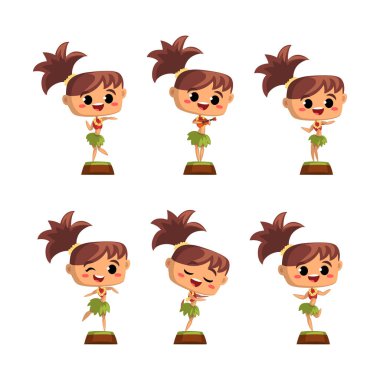 Geleneksel Hawaii Kostümlü Şirin Hawaii Dansçısı Hula Dansçısı ve Ukulele Vector Set Çalıyor. Palm Etekli Mutlu Kadın Gösteri Dansı
