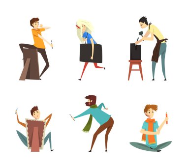 Yaratıcı Adam ve Kadın El Sanatları Çizimi ve Heykel Vektör Seti Yapıyor. Taş ve Easel 'le Genç Erkek ve Kadın Sanatçı Başyapıtı