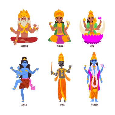 Brahma, Surya, Soma, Shiva, Yama ve Vishnu Vector Set ile Antik Hint Hindu Tanrıları ve Tanrıları. Dini Hinduizm İdolü