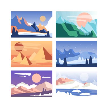 Cliff ve Summit Siluet Vektör Set ile Doğa Dağı Manzarası ve Manzara Görünümü. Resim Manzarası Konsepti