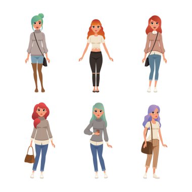 Farklı Saç Tarzı Giyen Modern Kıyafet Vektör Seti Giyen Moda Genç Kadın. Moda Giyimli Kadın
