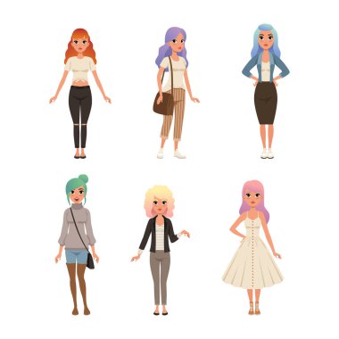 Farklı Saç Tarzı Giyen Modern Kıyafet Vektör Seti Giyen Moda Genç Kadın. Moda Giyimli Kadın