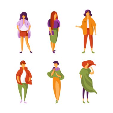 Farklı Giysiler ve Saç Tarzı Ayakta Durma ve Yürüyen Vektör Seti 'ndeki İnsanlar Karakterleri. Sıradan Giyinen Erkek ve Kadın