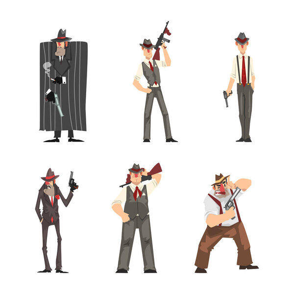 Гангстер и криминальный персонаж в шляпе Федоры, стоящей с пистолетом и пистолетом. Брутальный бандит с пистолетом