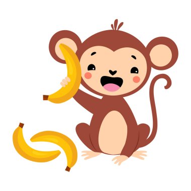 Uzun Kuyruklu Şirin Oyuncak Maymun Sarı Muz Vektör İllüstrasyonu. Komik Kahverengi Goril, Koruyan Kulaklar Tropikal Yaşamın tadını çıkarıyor