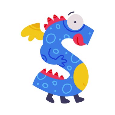 Mavi Büyük harf S ile Canavar Alfabesi Şişkin Gözler ve Kanat Vektörü İllüstrasyonu. Comic English Alfabetik Karakteri Çocuklar İçin Yüz ve Eller Öğrenme Konsepti