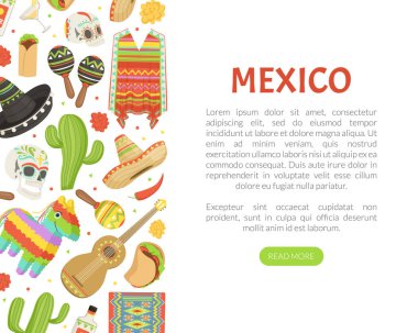 Pinata ve Sombrero Şapka Vektör Şablonu ile Meksika Çizgi Film İniş Sayfası Tasarımı. Otantik Geleneksel Meksika Sembolü Web Afişi