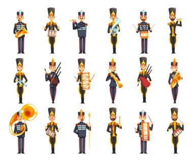 Müzik enstrümanları çalan bando orkestrası cgharacters beyaz üzerine izole çizgi film vektör çizimi