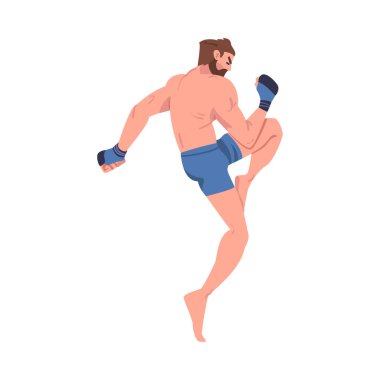 Şort ve Boks Eldiveni Giyen Erkek Dövüşçüsüyle Karışık Dövüş Sanatları Tam Temas Dövüş Sporu Vektör İlülasyonu. Kas Şampiyonu MMA ya da Nihai Dövüş Konsepti