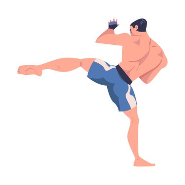 Mixed Martial Arts with Man Fighter in Shorts and Boxing Gloves Engaged in Full-contact Combat Sport Vector Illustration. Muscular Male Champion Training MMA or Ultimate Fighting Concept clipart