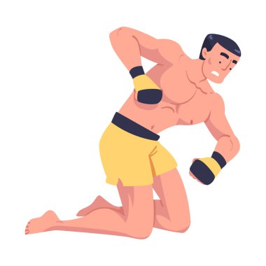 Şort ve Boks Eldiveni Giyen Erkek Dövüşçüsüyle Karışık Dövüş Sanatları Tam Temas Dövüş Sporu Vektör İlülasyonu. Kas Şampiyonu MMA ya da Nihai Dövüş Konsepti
