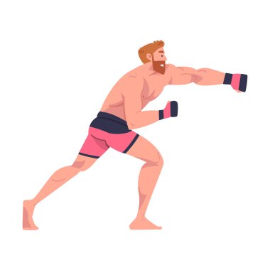 Sakallı Sakallı Adam Dövüşçüsüyle Dövüş Sanatları ve Boks Eldivenleri Tam Temas Dövüş Sporu Vektör İllüzyonuna Bağlandı. Kas Şampiyonu MMA ya da Nihai Dövüş Konsepti