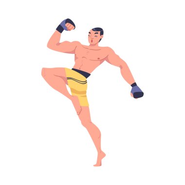 Man Fighter of MMA ya da karma dövüş sanatları şort ve boks eldivenleri ile tam temaslı dövüş sporu illüstrasyonunda. Kas Şampiyonluğu Eğitimi Nihai Dövüş Konsepti