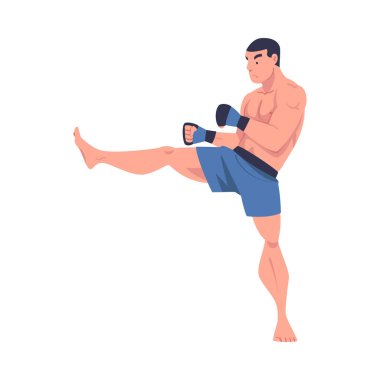 Man Fighter of MMA ya da karma dövüş sanatları şort ve boks eldivenleri ile tam temaslı dövüş sporu illüstrasyonunda. Kas Şampiyonluğu Eğitimi Nihai Dövüş Konsepti