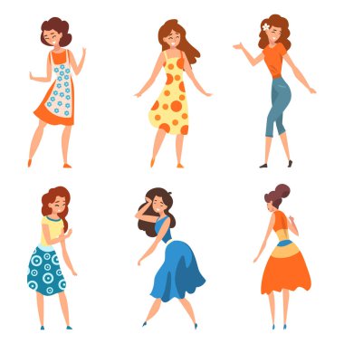 Kadın anne aşağıya bakıyor ve çocuk vektörü illüstrasyonuyla konuşuyor. Genç Kadın Elbise ve Önlük Giyme Konsepti