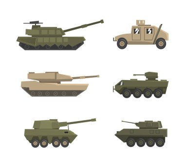 Zırhlı Tank ve Araba Askeri Taşımacılık ve Cephe Cephesi Savaş Aracı Vector Set. Ağır Ateş Gücü ve Raylar Konseptine sahip makineler