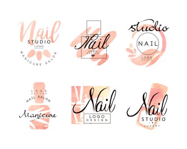 Manikür Tırnak Stüdyosu Logosu Tasarımı ve Pembe Suluboya Element Vector Set. Çivi Güzellik Salonu için Yaratıcı Şablonlar