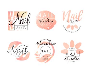Manikür Tırnak Stüdyosu Logosu Tasarımı ve Pembe Suluboya Element Vector Set. Çivi Güzellik Salonu için Yaratıcı Şablonlar