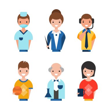 Professions Avatar with Flat Man and Woman as Surgeon, Teacher, Operator, Basketball Player and Scientist Vector Set. Different Occupation Depiction clipart