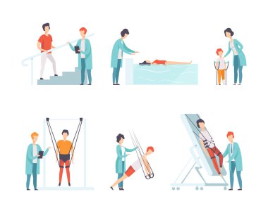 Travma ya da yaralanma vektörü seti sonrasında terapistin sağlığını iyileştirmesiyle fizik tedavi ya da fizik tedavi. Eğitim Gücü ve Esnekliği Konsepti ile Klinik Rehabilitasyon ve Tedavi