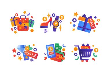 Çanta, Kutu, Ayakkabı, Araba, Fiyat Etiketi ve Akıllı Telefon Vector Set ile Alışveriş Düz ve Renkli Simge. Ticaret ve Perakende Satın Alma Konsepti