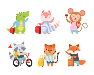 Sevimli Hayvanlar Turisti ya da Bagajlı Gezginler, Kamera ve Sırt Çantası Yürüyüş Vektör Seti. Bavullu komik memeliler Seyahate Çıktı Turizme