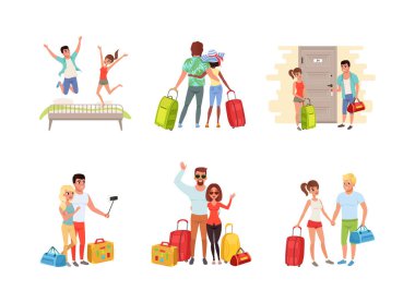 Balayı seyahatinin tadını çıkaran mutlu çift. Balayı için vektör seti. Genç Adam ve Kadın Yaz Yolculuğunda Farklı Faaliyetlere Girdiler