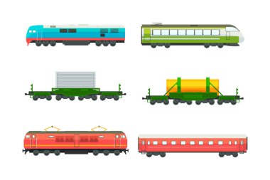 Wagon Vector setiyle Yolcu ve Yük Treni. Lojistik Endüstrisi Taşımacılık Konsepti Olarak Demiryolu