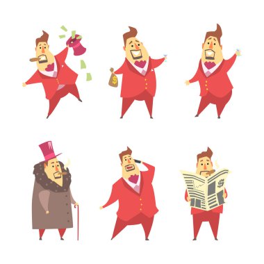 Fat Rich Millionaire Man in Red Suit with Money Sack, Smoking Cigar and Reading Newspaper Vector Set. Funny Male Capitalist Character clipart