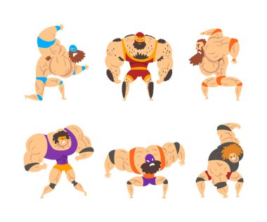 Kas Güreşçisi Pozisyonu ve Çarpıcı Dövüş Sanatları Dövüş Vektörü Seti ile Nişanlı. Magnus, Meksika Maskeli Profesyonel Grappler Savaş Sporu Kavramı rolünde