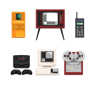 Televizyon, Telefon, Bilgisayar, Tetris, Gamepad ve Teyp Vector Set 'li farklı Retro Gadget' ler. Eski Teknik ve Elektronik Konsepti