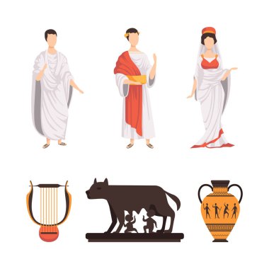 Ancient Greek Man and Woman with Harp, Vase and Capitoline Wolf Sculpture Vector Set. Historical Attribute of Antique Rome clipart