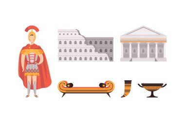 Antik Yunan Savaşçısı, Koltuk, Kadeh, Boynuz, Kolezyum ve Panteon Mimari Vektör Kümesi. Antik Roma 'nın Tarihi Öznitelikleri