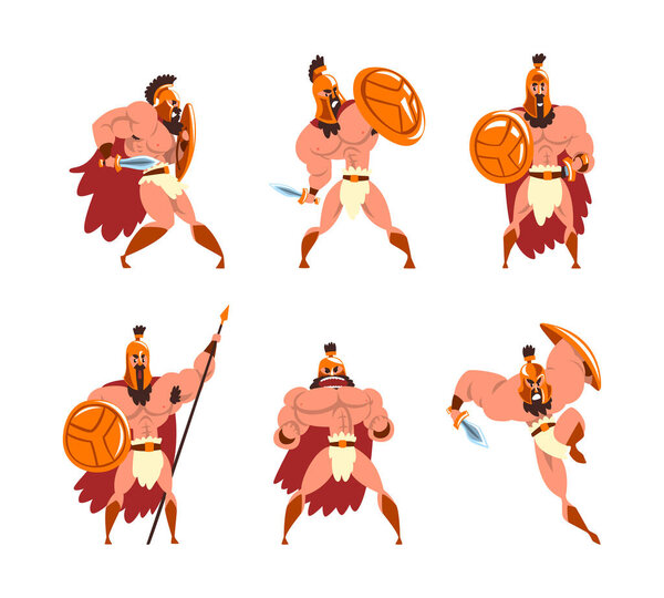 Spartan Man in Red Cloak and Helmet Armed with Spear and Shield Standing and Attacking Vector Set. Citizen Soldier or Warrior from Ancient Greece Concept