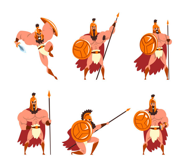 Spartan Man in Red Cloak and Helmet Armed with Spear and Shield Standing and Attacking Vector Set. Citizen Soldier or Warrior from Ancient Greece Concept