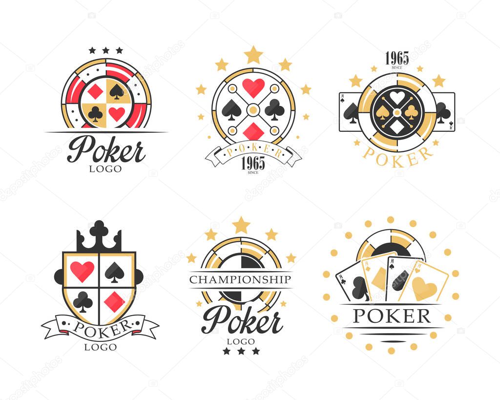 Poker Logo and Casino Emblem with Diamonds, Clubs, Hearts and Spades Vector Set. Gambling Business Label