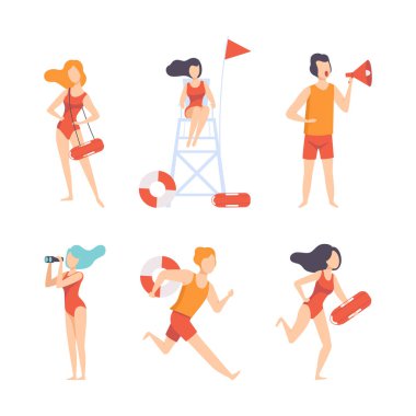 Megafonlu erkek ve kadın plaj cankurtaranları, Lifebuoy ve Dürbünler Güvenlik Vektörü seti. Profesyonel Erkek ve Kadın Kurtarma Karakterleri Eylemde