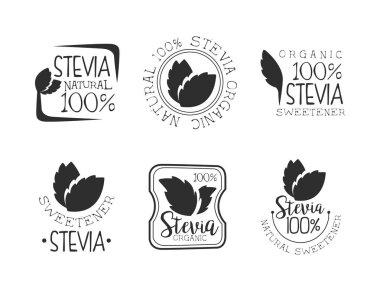 Stevia Doğal Tatlandırıcı ve Bitki Bazlı Vegan Gıda Ürünleri Etiketleyici Seti. Vejetaryen ve Organik Kara Amblem veya Logo