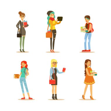 Üniversite ve Kolej Kadın Öğrencileri Sıradan Giyiniyor Kitaplar ve Çantalar Vector Set. Genç Kız Öğrenim ve Öğrenim Konseptine Bağlandı