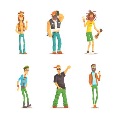 Bisikletçi, Punk, Hipster ve Rastaman Vector Set ile Farklı Kültürler Karakteri. Gündelik giyinen ve modern saç stilinde gülümseyen erkek.