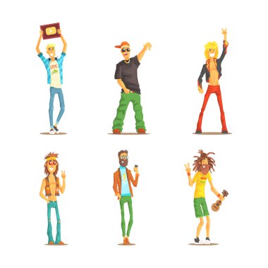 Blogger, Punk, Hipster ve Rastaman Vector Set ile Farklı Kültürler Karakteri. Gündelik giyinen ve modern saç stilinde gülümseyen erkek.