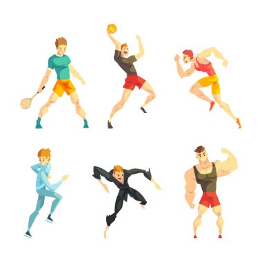 Genç Atletin Farklı Sporlarda Fiziksel Etkinlik Eğitimi Vücut Vektörü Seti. Erkek Koşu, Basketbol, Buz Pateni, Karate, Tenis ve Vücut Geliştirme