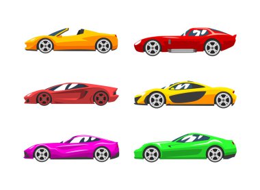 Yarış Renkli Modeli Yol Hızı Yarışması Yan Görünüm Vector Set. Hızlı Sürüş için Parlak Motorlu Araç