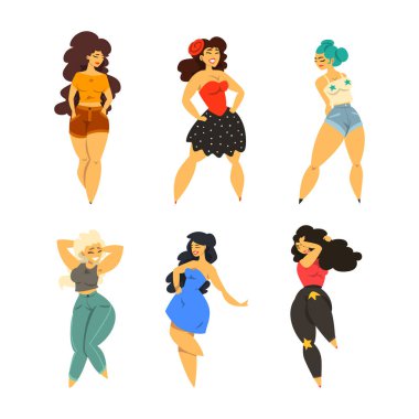 Artı Bedensel Kadın Model Pozisyonu ve Gülümseyen Vektör Seti. Genç Vücut Fiziksel Görünüşünü ve Şişkinliğini Kabul Eden Olumlu Kadın